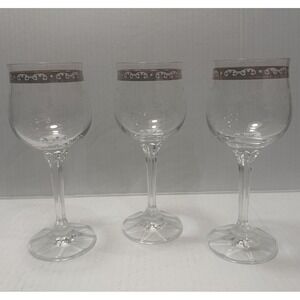 Vintage Czech Bohemian Crystal Etched Wine Glasses w/ Gold Rim. Set of‎ 3